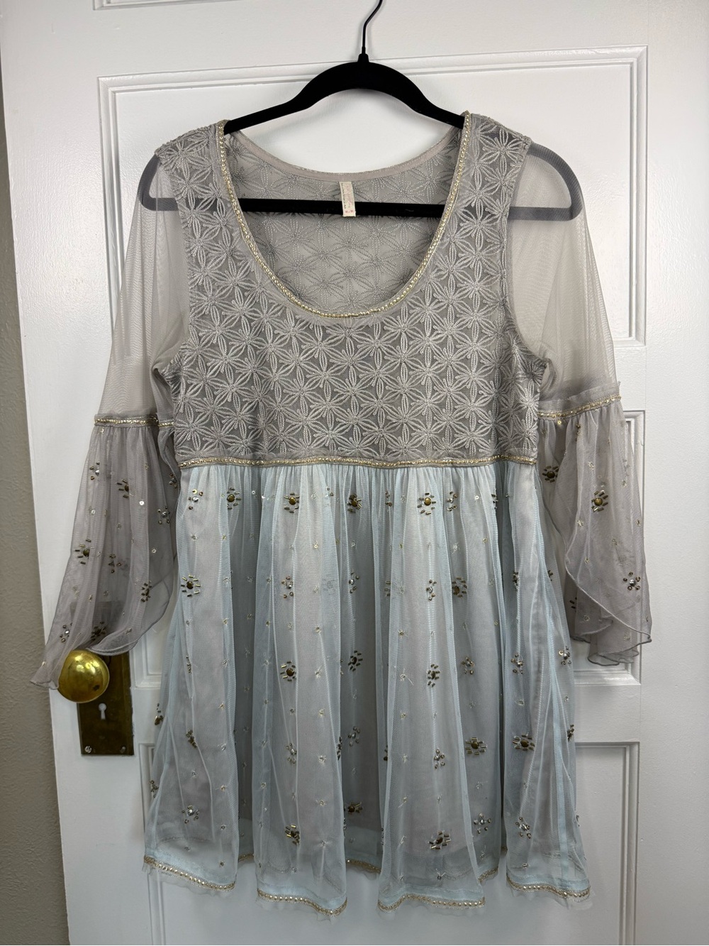 Free People Silver-Gray Embroidered and Beaded Mesh Tunic